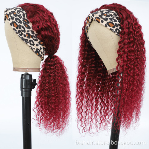 Wholesale Human Hair Headband 99j Burgundy Colored Curly Wave Wig For Women Human Hair 10A Brazilian Remy Hair Curly